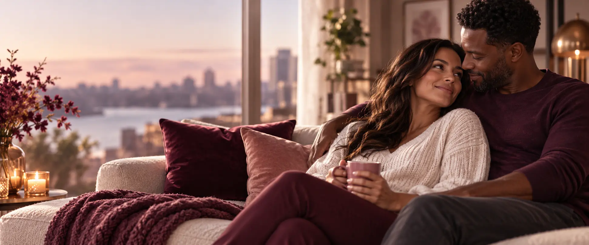 Adult couple sharing a warm, quiet moment together at home
