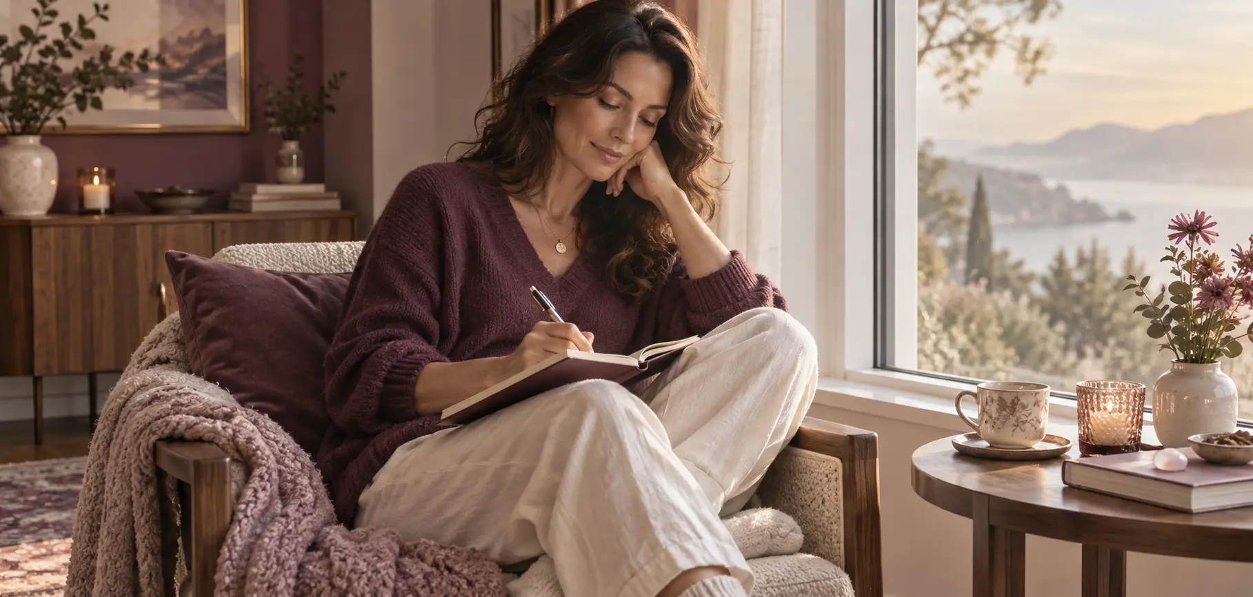 Adult woman enjoying a quiet personal reflection ritual at home